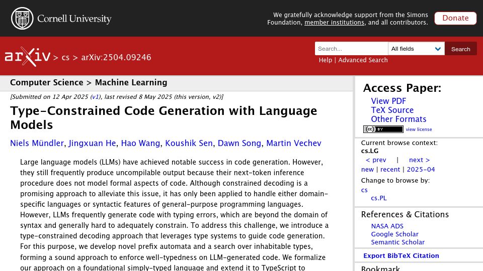 Screenshot of arxiv.org: Type-constrained code generation with language models