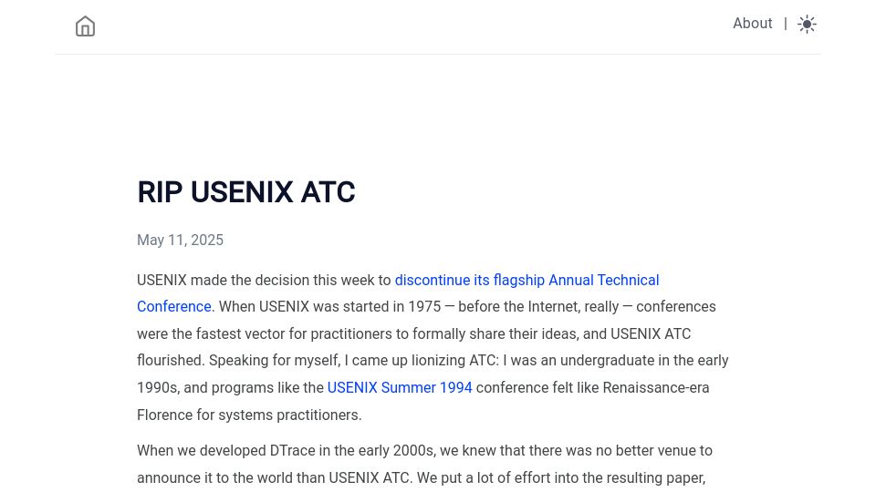 Screenshot of bcantrill.dtrace.org: RIP Usenix ATC