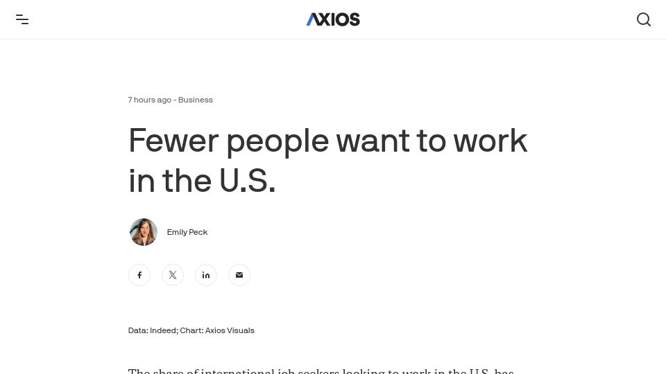 Screenshot of axios.com: Fewer people want to work in the U.S.