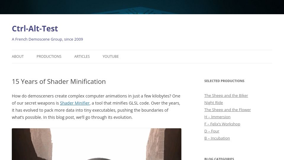 Screenshot of ctrl-alt-test.fr: 15 Years of Shader Minification