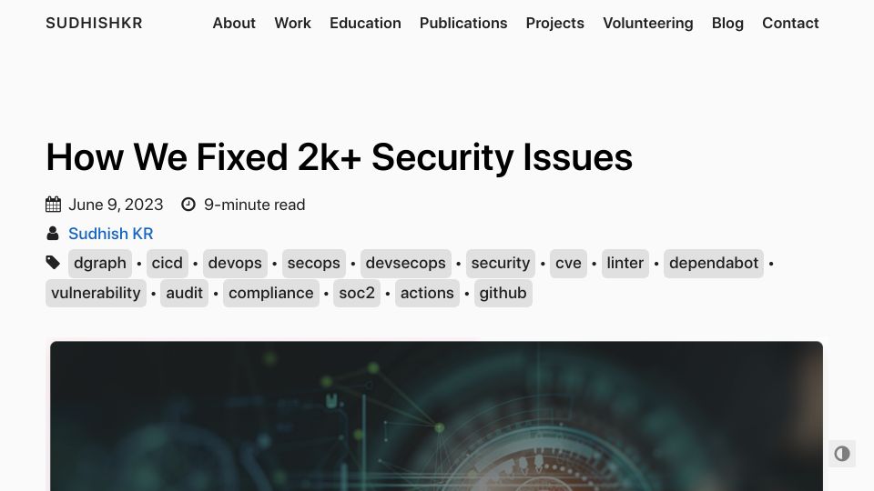 Screenshot of sudhishkr.com: We Fixed 2k+ Security Issues (2023)