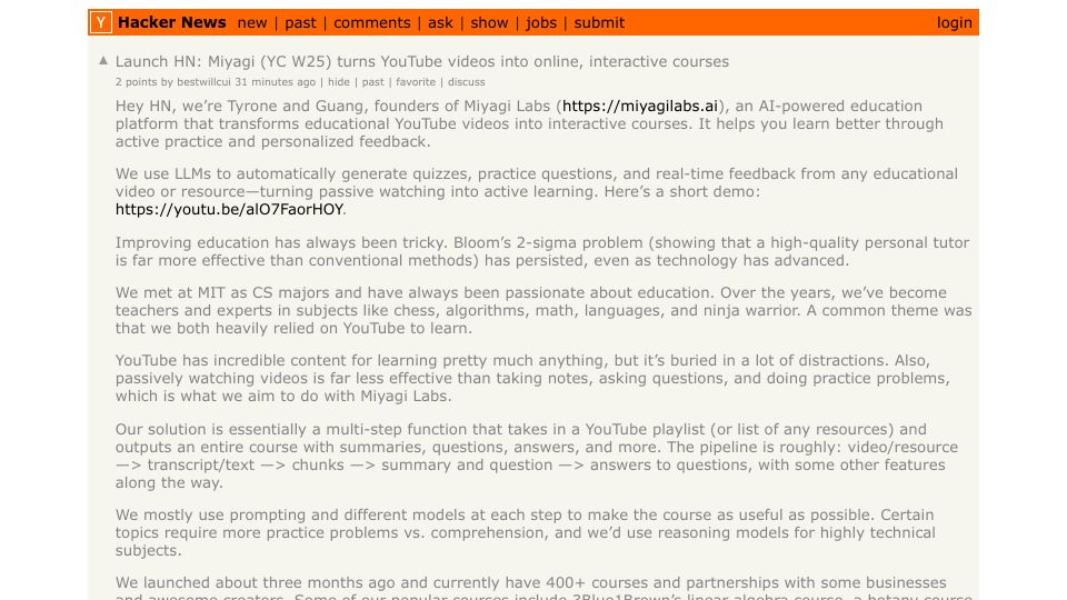 Screenshot of Hacker News post: Launch HN: Miyagi (YC W25) turns YouTube videos into online, interactive courses