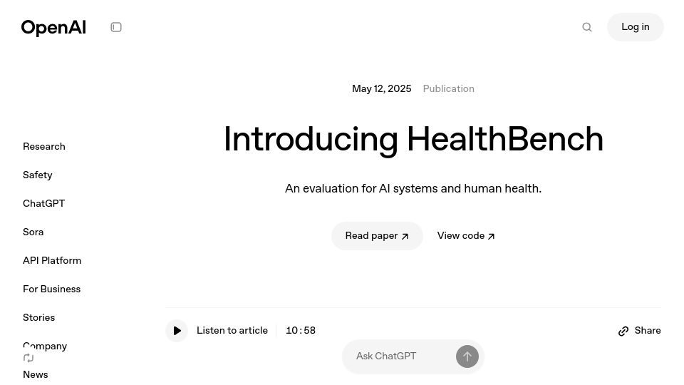 Screenshot of openai.com: HealthBench – An evaluation for AI systems and human health