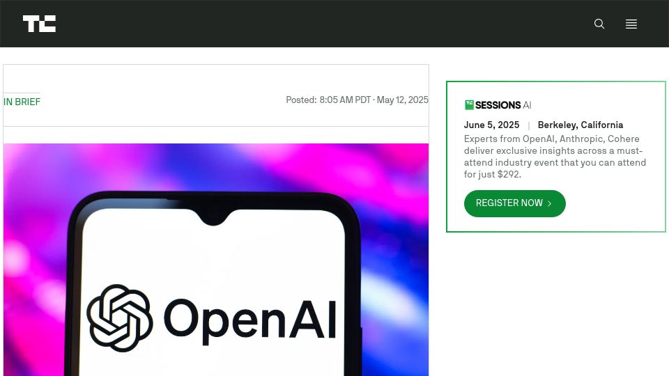 Screenshot of techcrunch.com: OpenAI's Stargate project struggling to get off the ground, due to tariffs