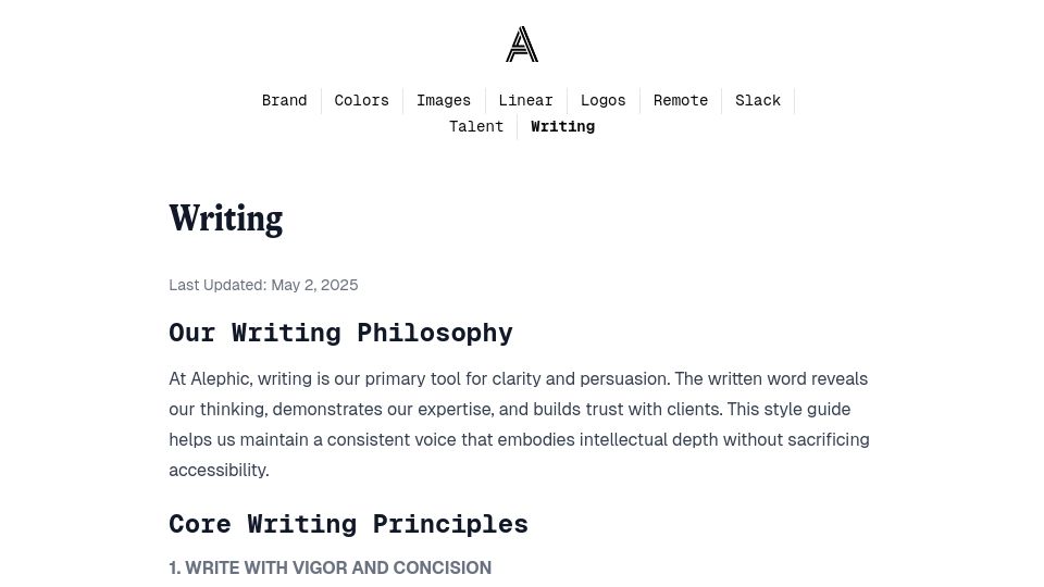 Screenshot of alephic.com: Alephic Writing Style Guide