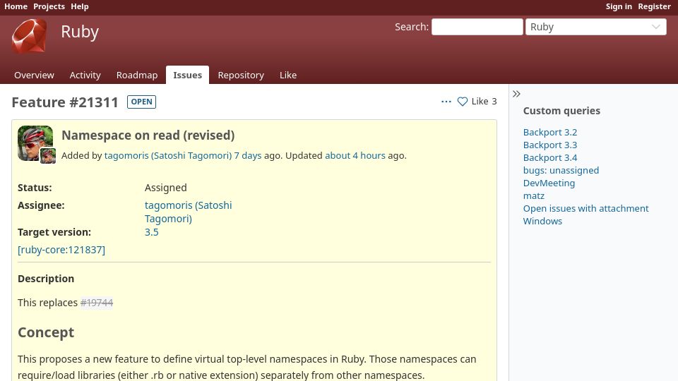 Screenshot of bugs.ruby-lang.org: Ruby 3.5 Feature: Namespace on read