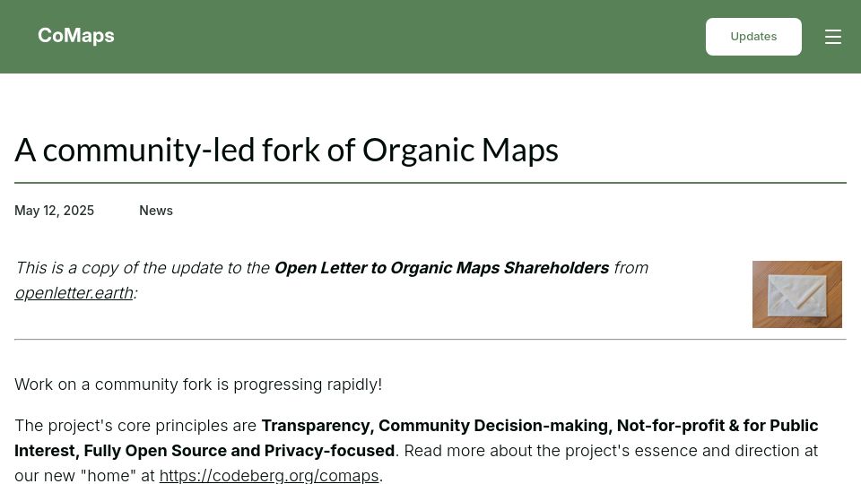 Screenshot of comaps.app: A community-led fork of Organic Maps