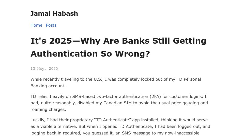 Screenshot of jamal.haba.sh: Why are banks still getting authentication so wrong?