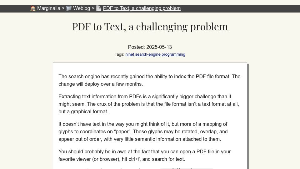 Screenshot of marginalia.nu: PDF to Text, a challenging problem