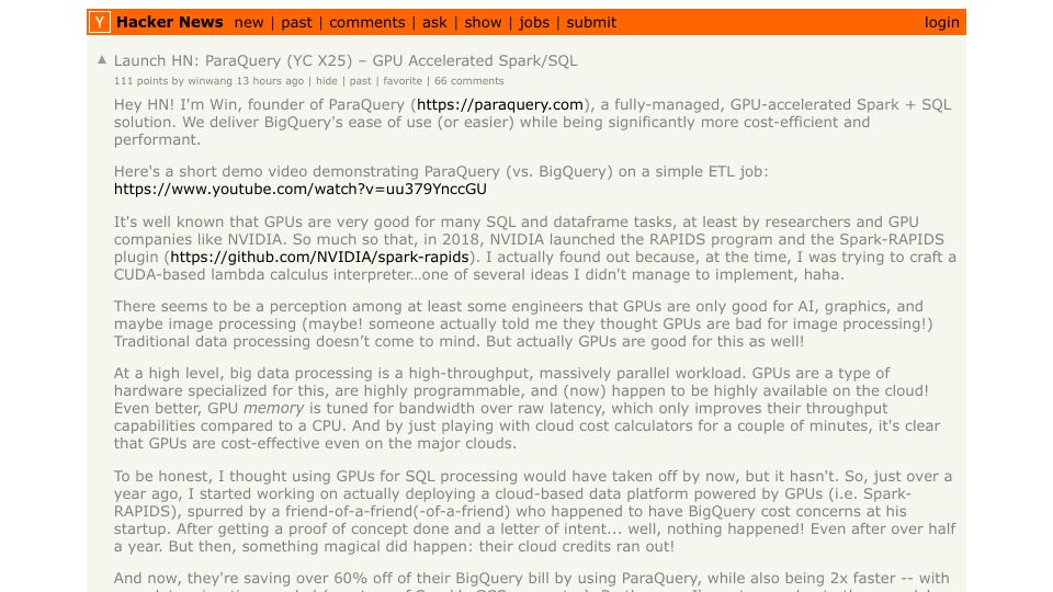 Screenshot of Hacker News post: Launch HN: ParaQuery (YC X25) – GPU Accelerated Spark/SQL