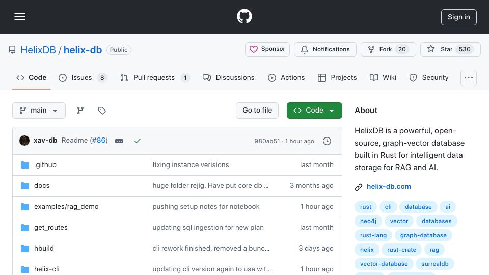 Screenshot of github.com: Show HN: HelixDB – Open-source vector-graph database for AI applications (Rust)