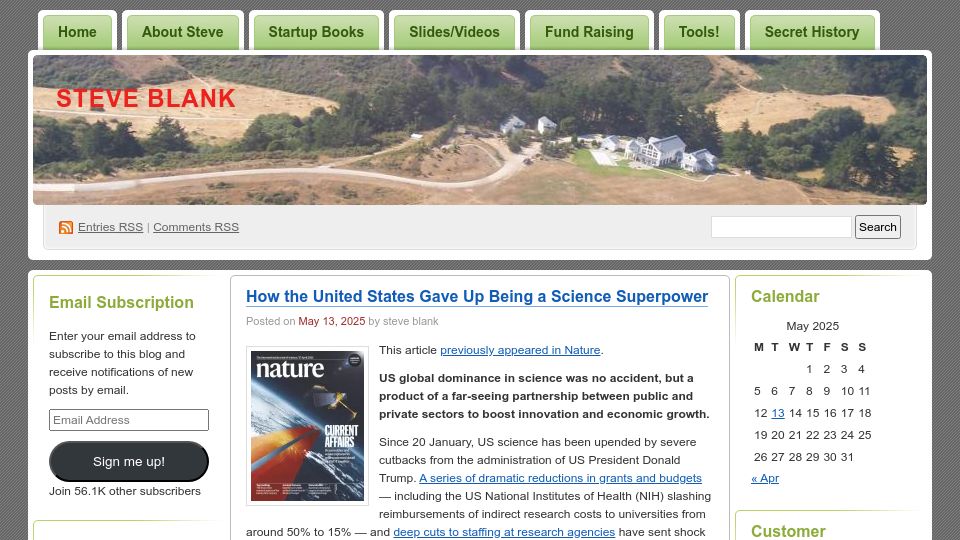 Screenshot of steveblank.com: How the United States Gave Up Being a Science Superpower