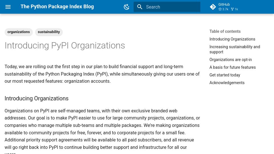 Screenshot of blog.pypi.org: PyPI Organizations (2023)