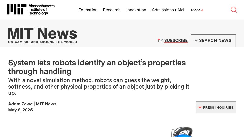 Screenshot of news.mit.edu: System lets robots identify an object's properties through handling