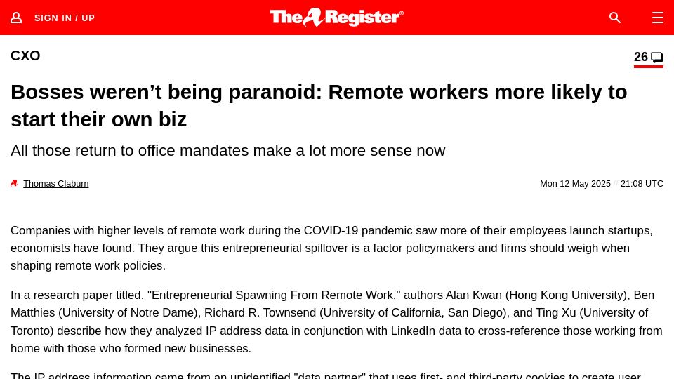 Screenshot of theregister.com: Bosses weren't being paranoid: Remote workers more likely to start their own biz