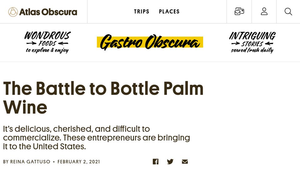 Screenshot of atlasobscura.com: The Battle to Bottle Palm Wine (2021)