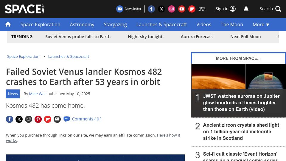 Screenshot of space.com: Failed Soviet Venus lander Kosmos 482 crashes to Earth after 53 years in orbit