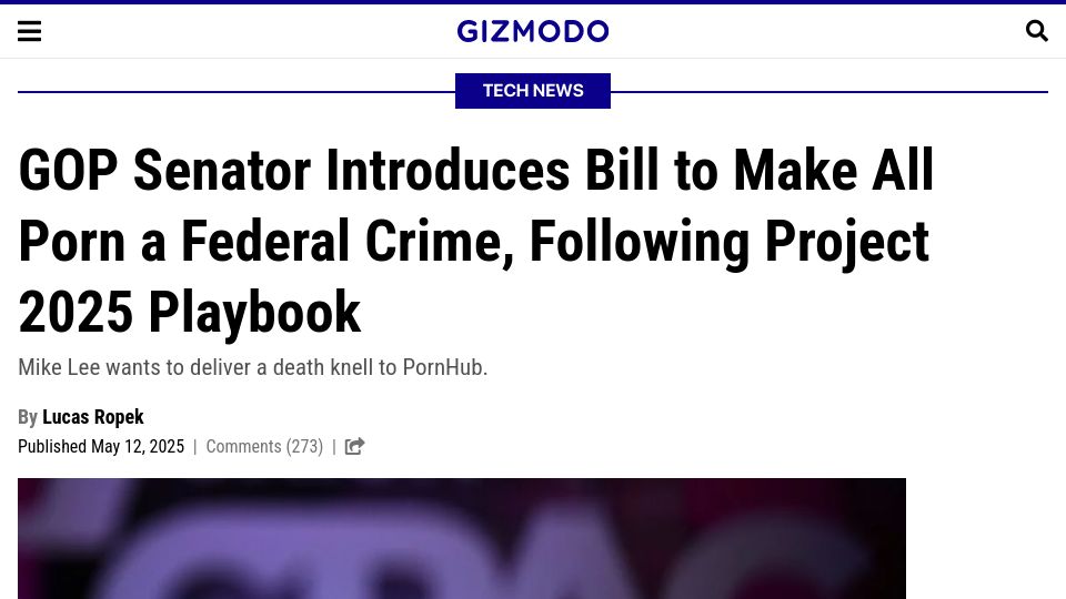 Screenshot of gizmodo.com: GOP Senator Introduces Bill to Make All Porn a Federal Crime