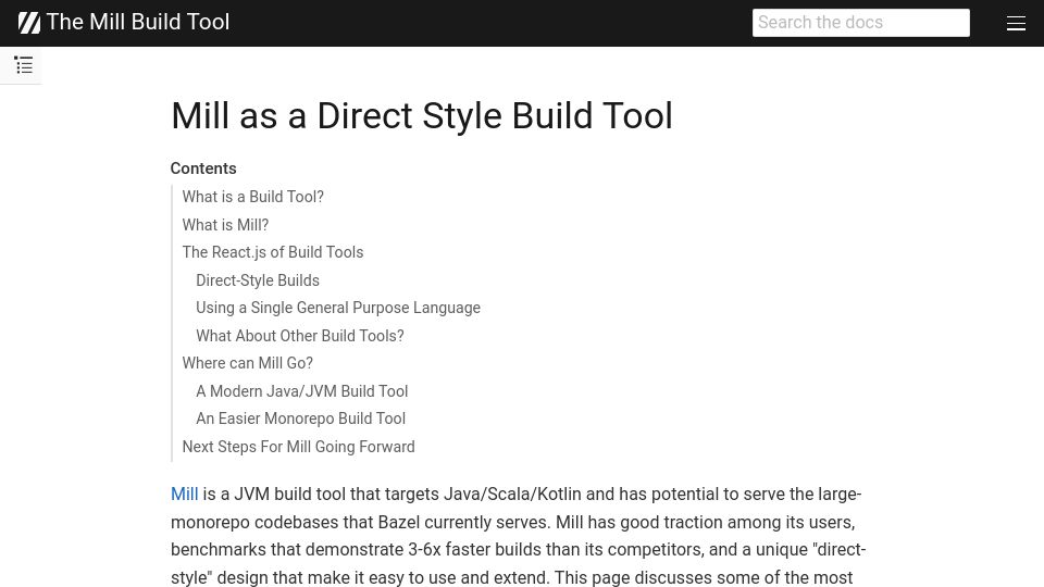 Screenshot of mill-build.org: Mill as a direct style build tool