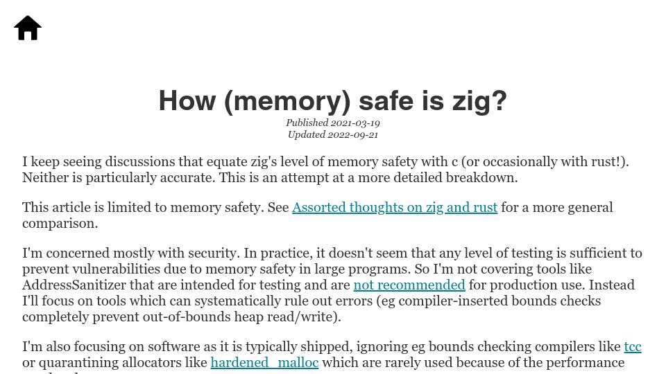 Screenshot of scattered-thoughts.net: How (memory) safe is Zig? (2021)