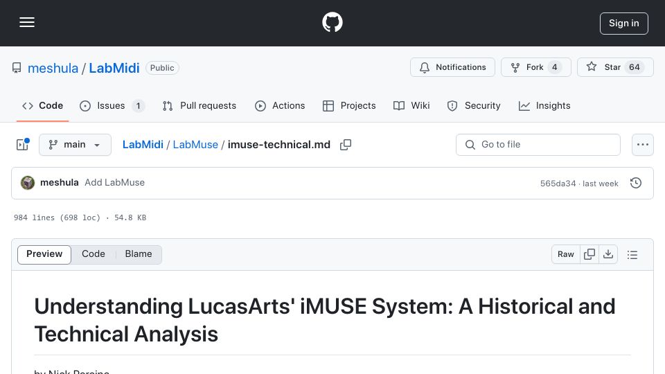 Screenshot of github.com: Understanding LucasArts' iMUSE System