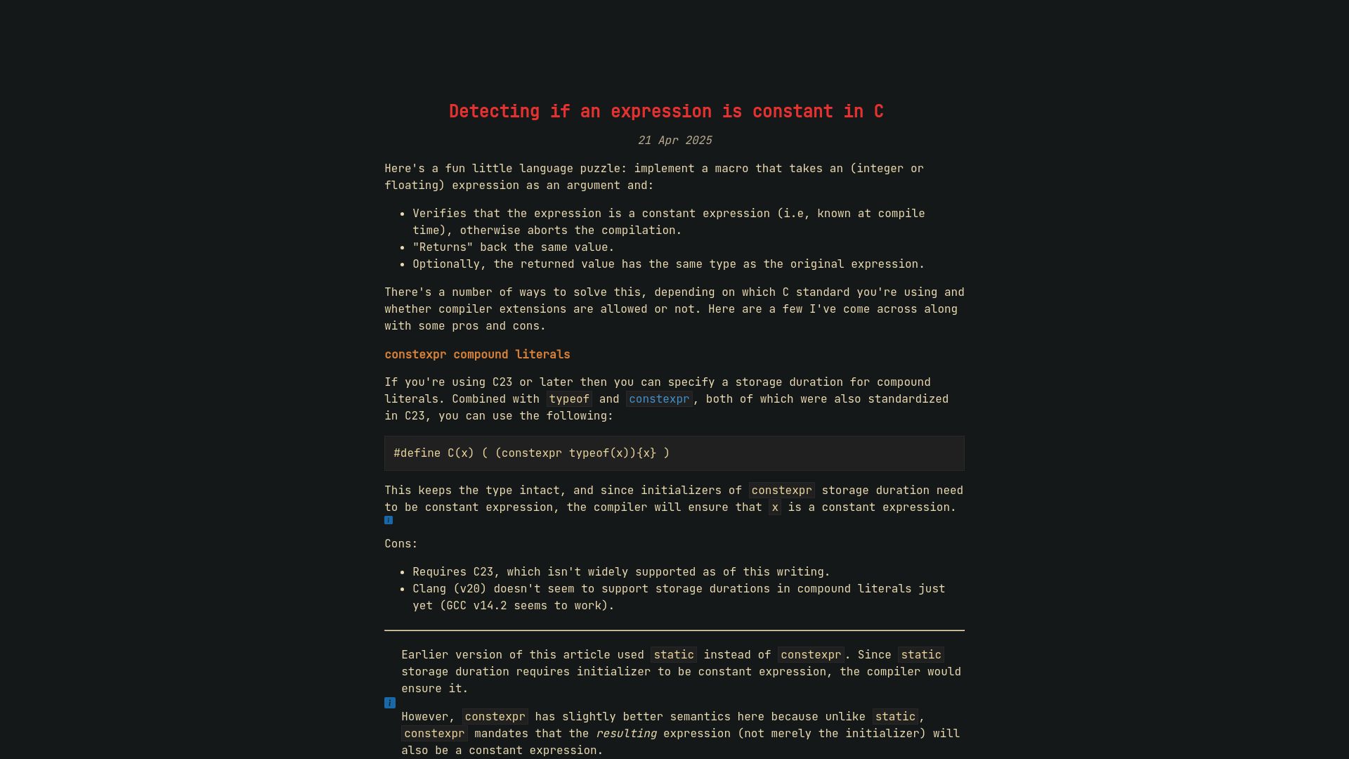 Screenshot of nrk.neocities.org: Detecting if an expression is constant in C
