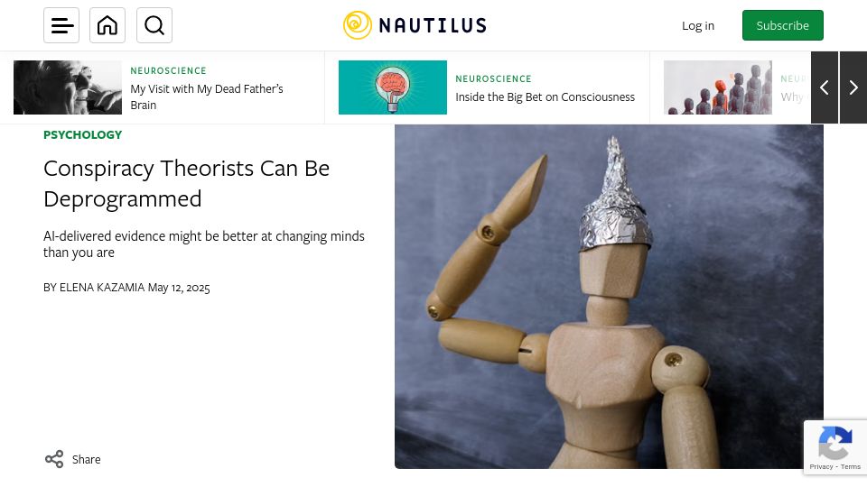 Screenshot of nautil.us: Conspiracy Theorists Can Be Deprogrammed