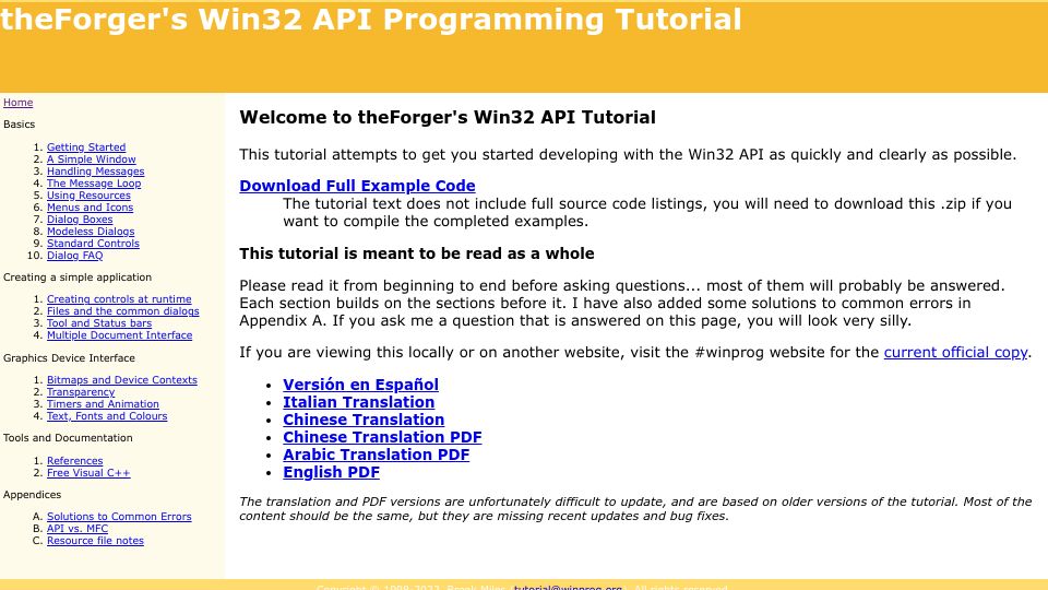 Screenshot of winprog.org: TheForger's Win32 API Tutorial