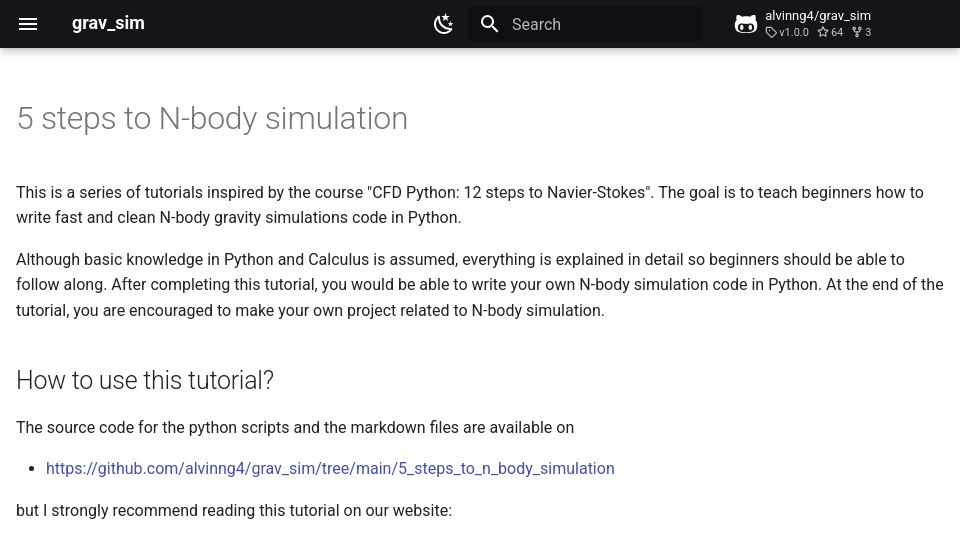 Screenshot of alvinng4.github.io: Writing N-body gravity simulations code in Python