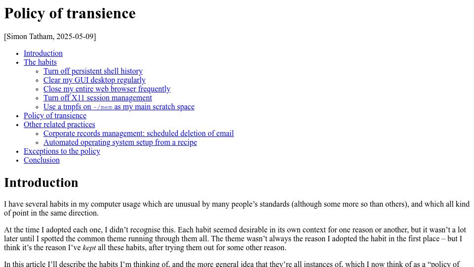 Screenshot of chiark.greenend.org.uk: Policy of Transience