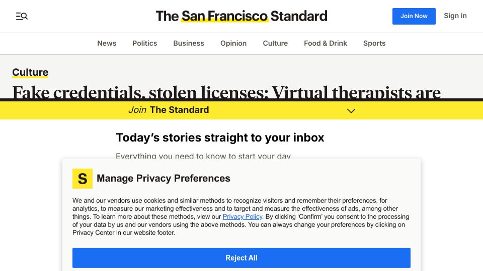 Screenshot of sfstandard.com: AI chatbot psychologists are claiming to be fully licensed