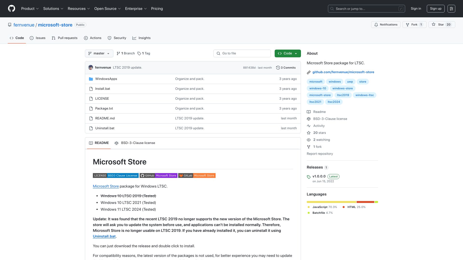 Screenshot of github.com: We can no longer run Microsoft Store on 1809/LTSC 2019