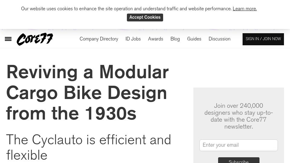 Screenshot of core77.com: Reviving a modular cargo bike design from the 1930s