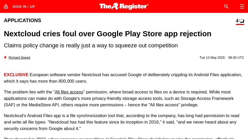 Screenshot of theregister.com: Nextcloud cries foul over Google Play Store app rejection