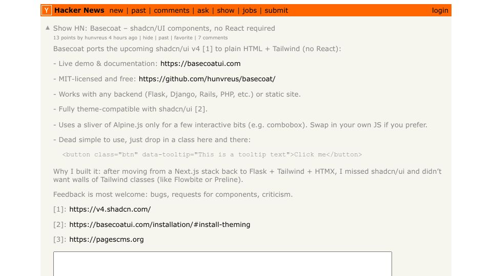 Screenshot of Hacker News post: Show HN: Basecoat – shadcn/UI components, no React required