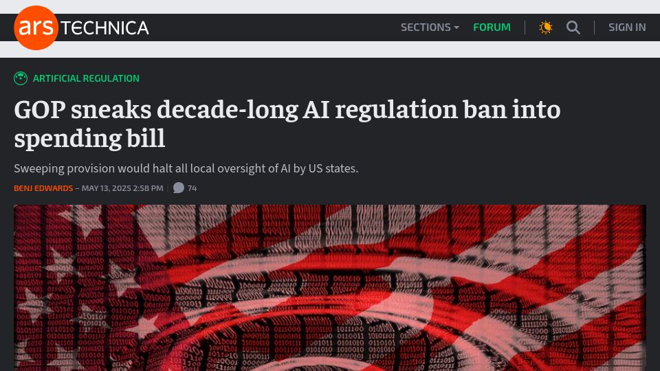Screenshot of arstechnica.com: GOP sneaks decade-long AI regulation ban into spending bill