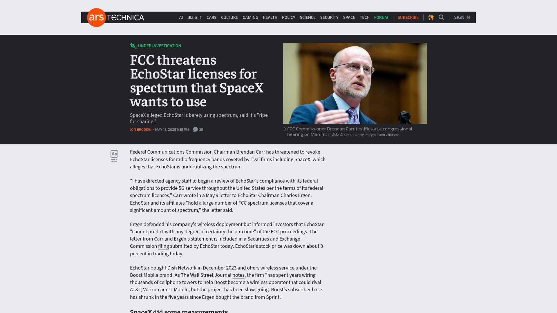 Screenshot of arstechnica.com: FCC threatens EchoStar licenses for spectrum that SpaceX wants to use