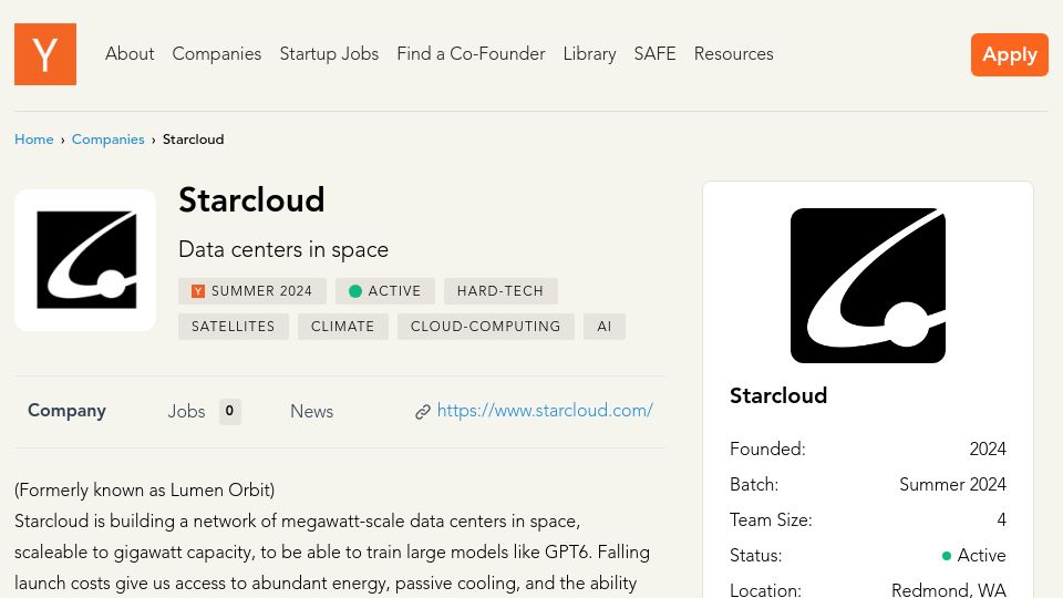 Screenshot of ycombinator.com: Starcloud