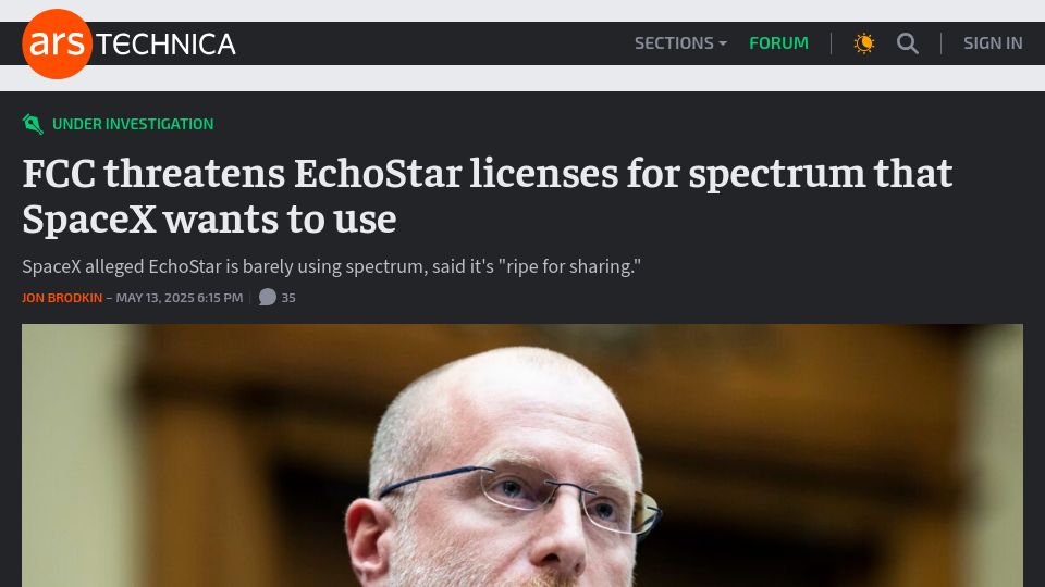 Screenshot of arstechnica.com: FCC threatens EchoStar licenses for spectrum that SpaceX wants to use