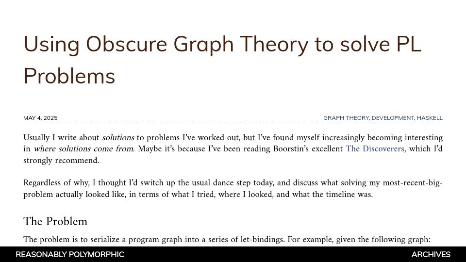 Screenshot of reasonablypolymorphic.com: Using obscure graph theory to solve programming languages problems