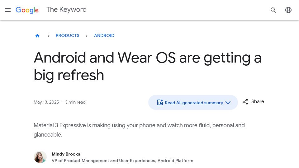 Screenshot of blog.google: Android and Wear OS are getting a redesign