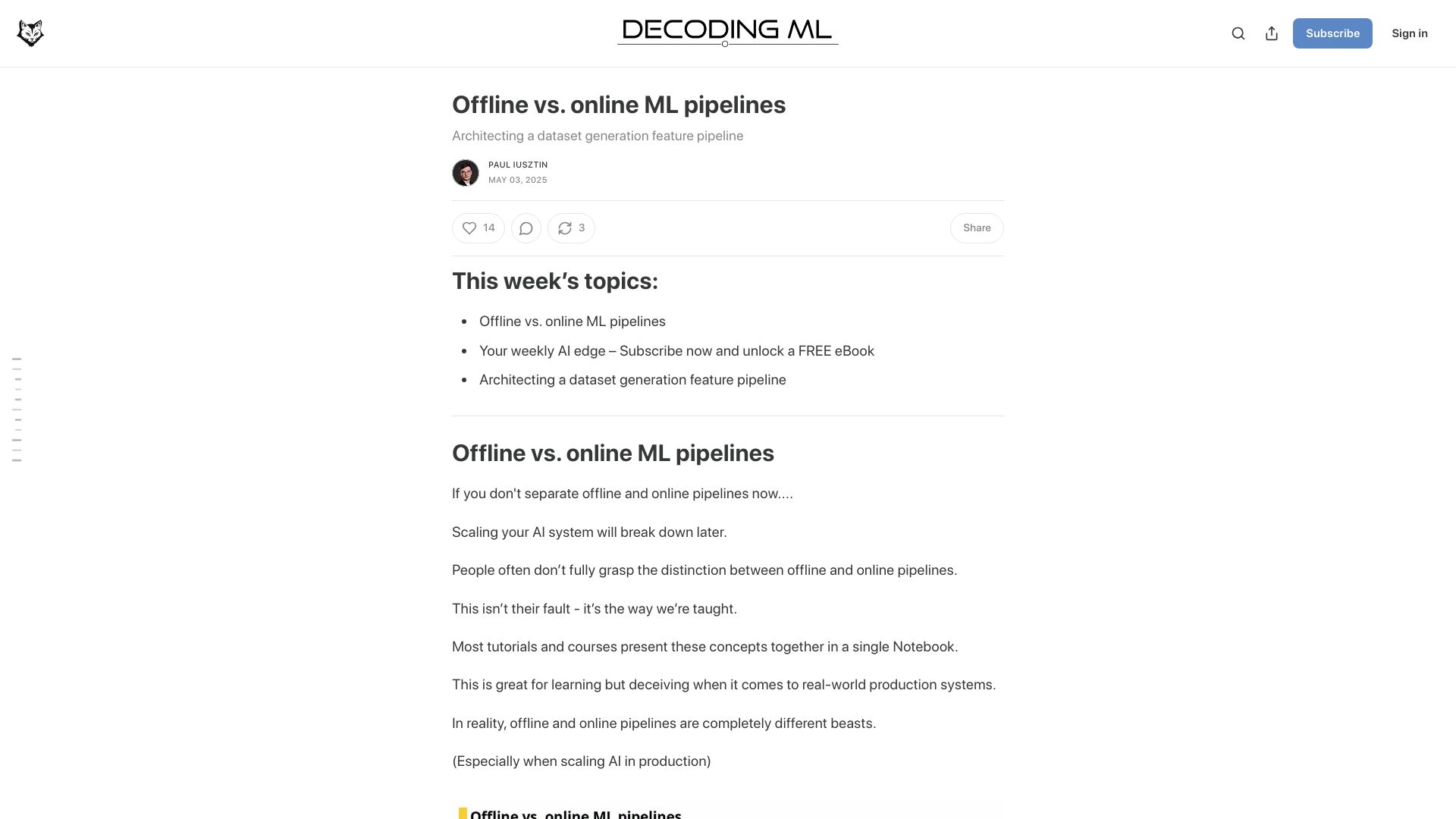 Screenshot of decodingml.substack.com: Offline vs. online ML pipelines