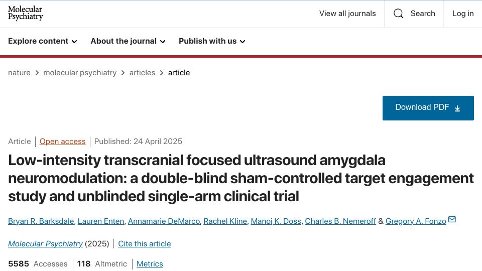 Screenshot of nature.com: Low-intensity transcranial focused ultrasound amygdala neuromodulation
