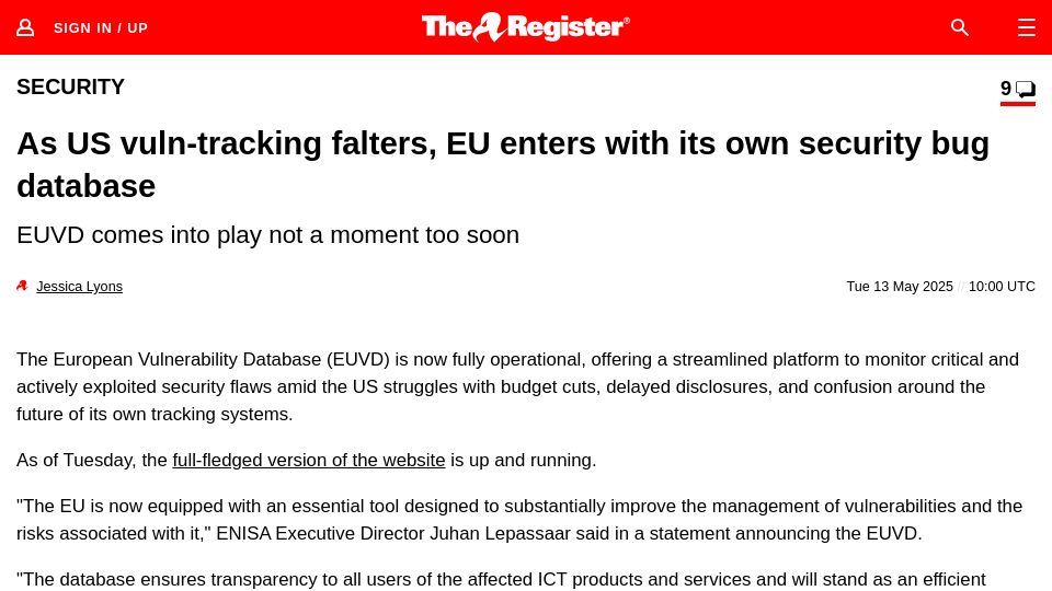 Screenshot of theregister.com: As US vuln-tracking falters, EU enters with its own security bug database