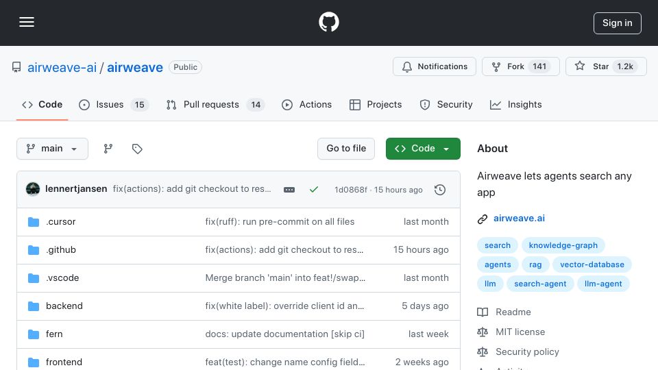 Screenshot of github.com: Show HN: Airweave – Let agents search any app