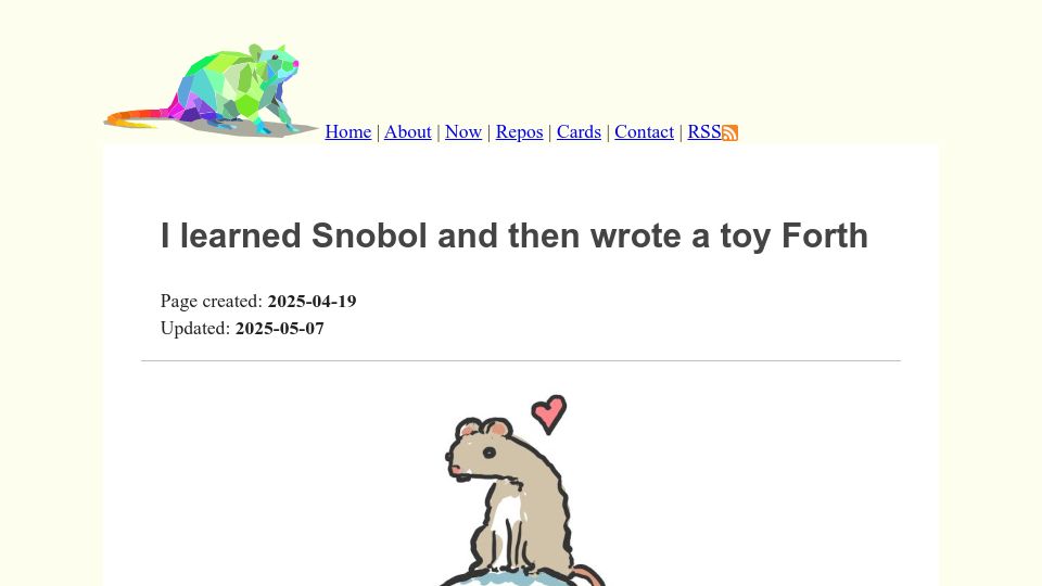 Screenshot of ratfactor.com: I learned Snobol and then wrote a toy Forth