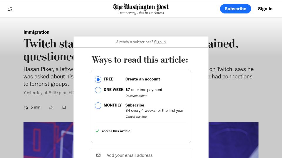 Screenshot of washingtonpost.com: Twitch star HasanAbi says he was detained, questioned by border agents