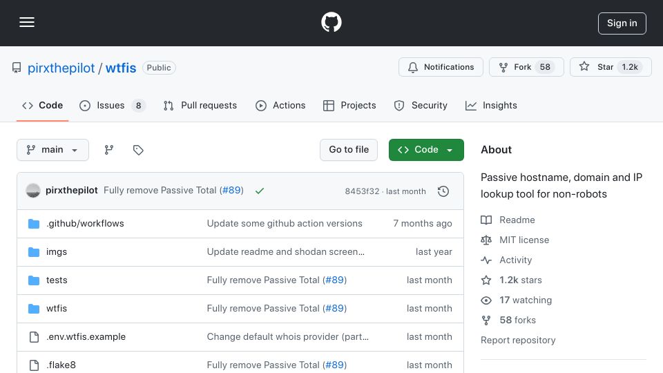 Screenshot of github.com: Wtfis: Passive hostname, domain and IP lookup tool for non-robots