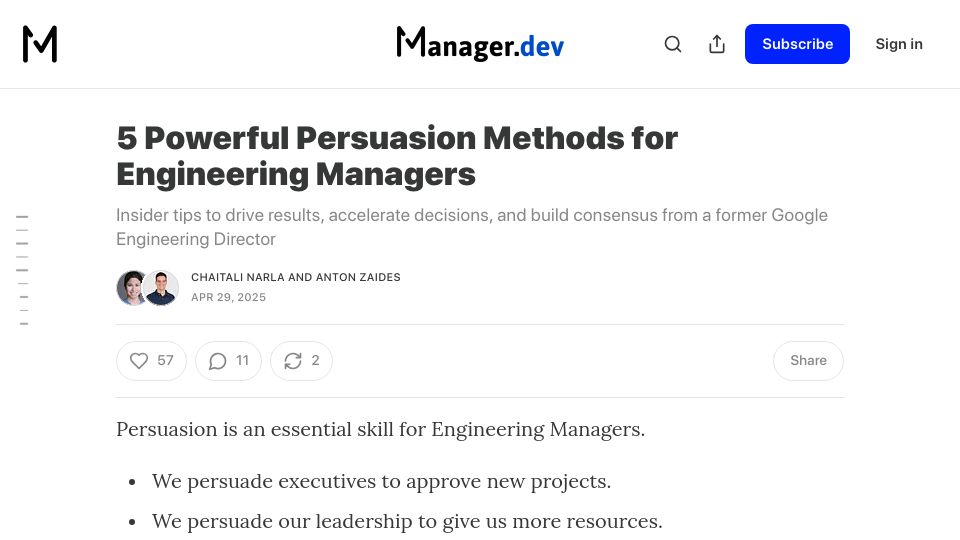 Screenshot of newsletter.manager.dev: Persuasion methods for engineering managers