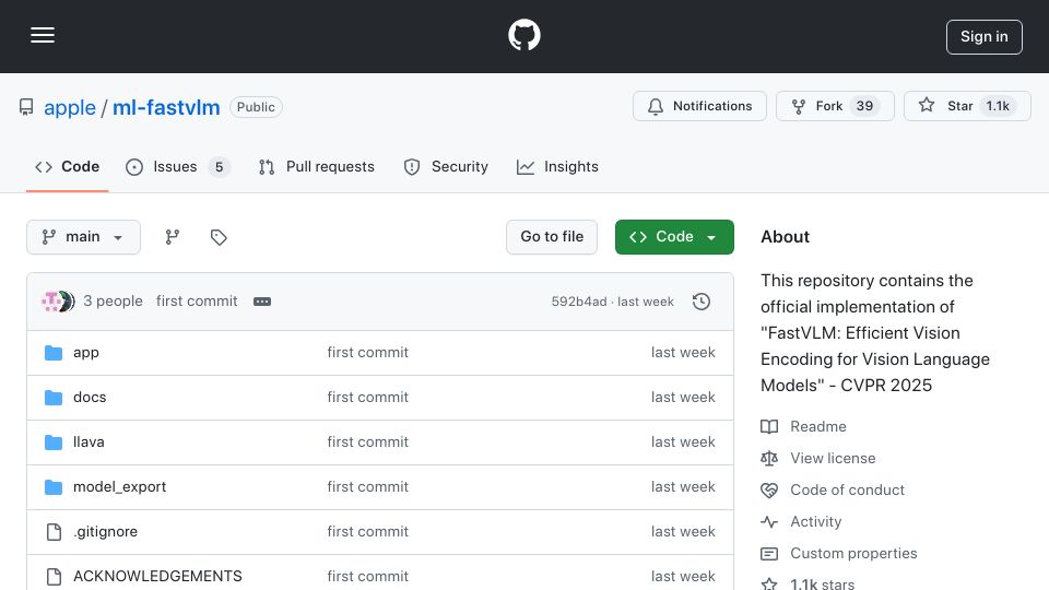 Screenshot of github.com: FastVLM: Efficient vision encoding for vision language models